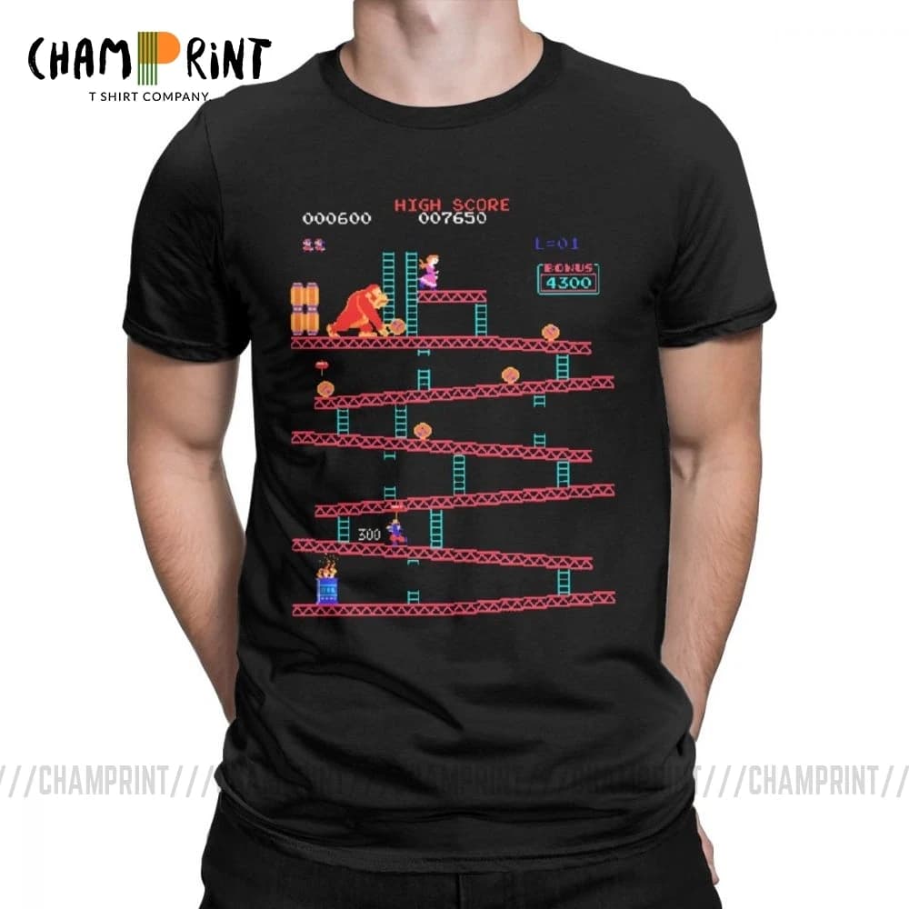 Donkey Kong T-Shirts Men Arcade Game Collage Vintage Pure Cotton Tees Crew Neck Short Sleeve Retro T Shirt Plus Size Funny Tops