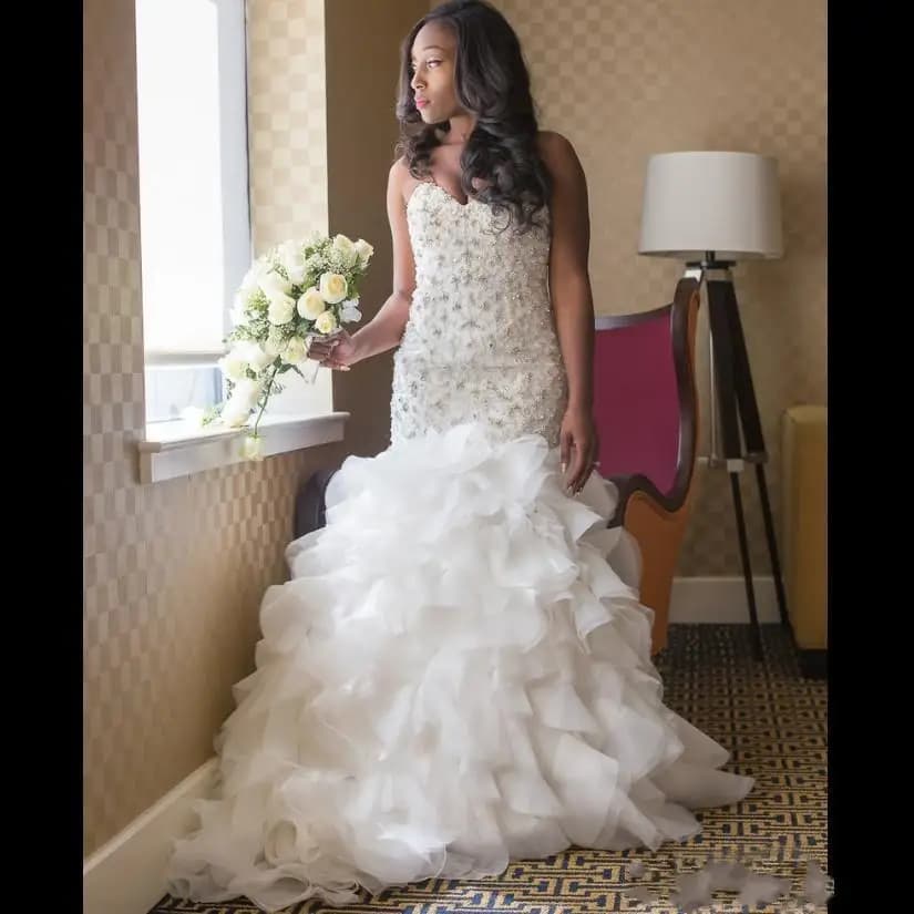 Customized Beading African Long Puffy Tiered Skirts Mermaid Wedding Dresses Sweetheart Neck White Organza Plus Size Bridal Gown
