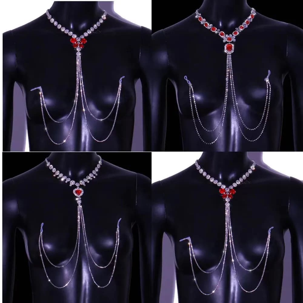 More Style Rhinestone Red Nipple Chain Sexy Lingerie Non Pierced Body Jewelry for Women Luxury Crystal Body Chain Bra Necklace