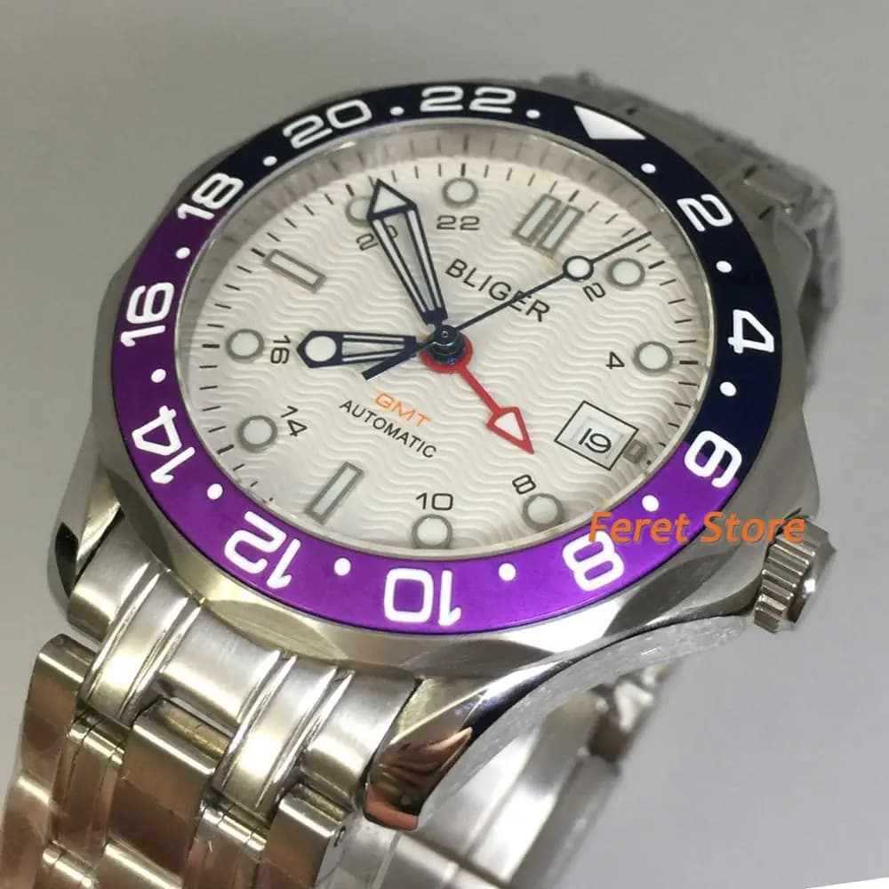BLIGER 41mm Men's Watch Silver case Automatic white dial GMT Movement Date Window Sapphire Glass Luminous Marks Wristwatch