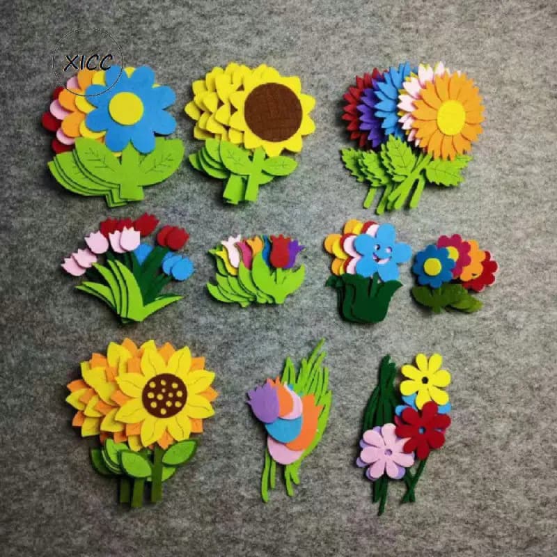 Non Woven Felt Fabric Flower Wall Stickers Tulips Sun Flower Smile Face Kindergarten School Classroom Handmade DIY Material