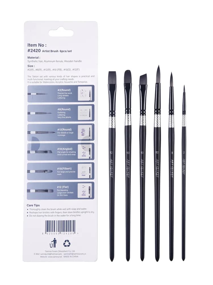 ArtSecret High Grade Multi-Functional Brush 2420 6PC/Set Painter Pen Synthetic Hair Aluminum Ferrule Wooden Handle Art Supplies