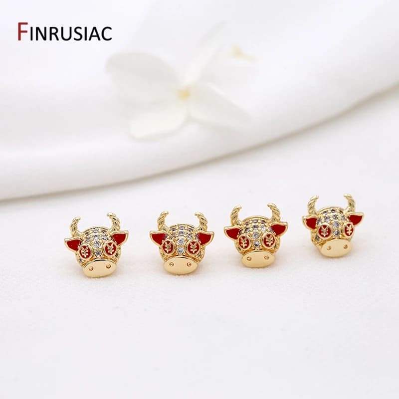 Gold Plated Cow Beads , Pave Setting Zircon Animal Bull Head Beads Accessories DIY Handmade Jewelry Bracelet Components