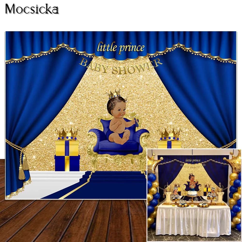 Royal Blue Baby Shower Backdrop Welcome Little Prince Photo Background Gifts and Gold Crown Backdrops