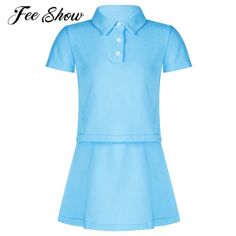 2Pcs Kids Sport Suit Short Sleeves T-shirt with Tennis Skirt Set for Girls Sportswear Running Gym Clothes Fitness Suit Yoga Sets
