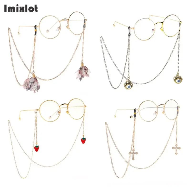 1PC Multiple Styles Gold Metal Eyeglass Chains with Pendant Strawberry Cross Flower Reading Glasses Cord Holder Neck Strap Rope