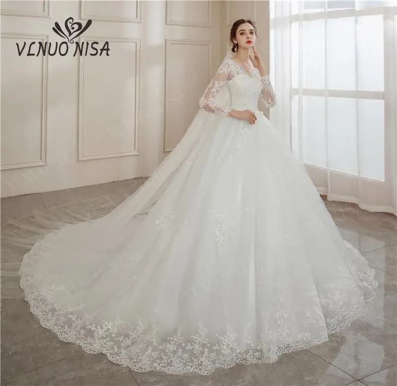 Ivory Vestido De Noiva 2024 V-Neck Bridal Ball Gown Long Sleeve Wedding Dress Lace Appliques Brides Big Train or Floor Plus Size