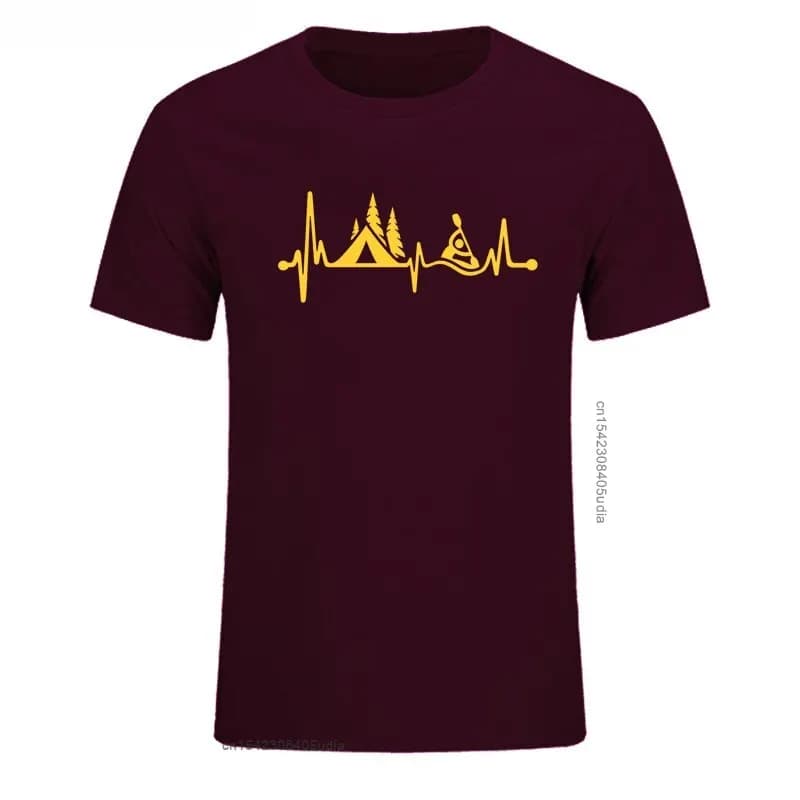 Camisas Fashion Casual New Arrivalsd T-Shirt Tent Kayak Heartbeat Print Brand Camisa Streetwear Cotton Mens Tee High Quality