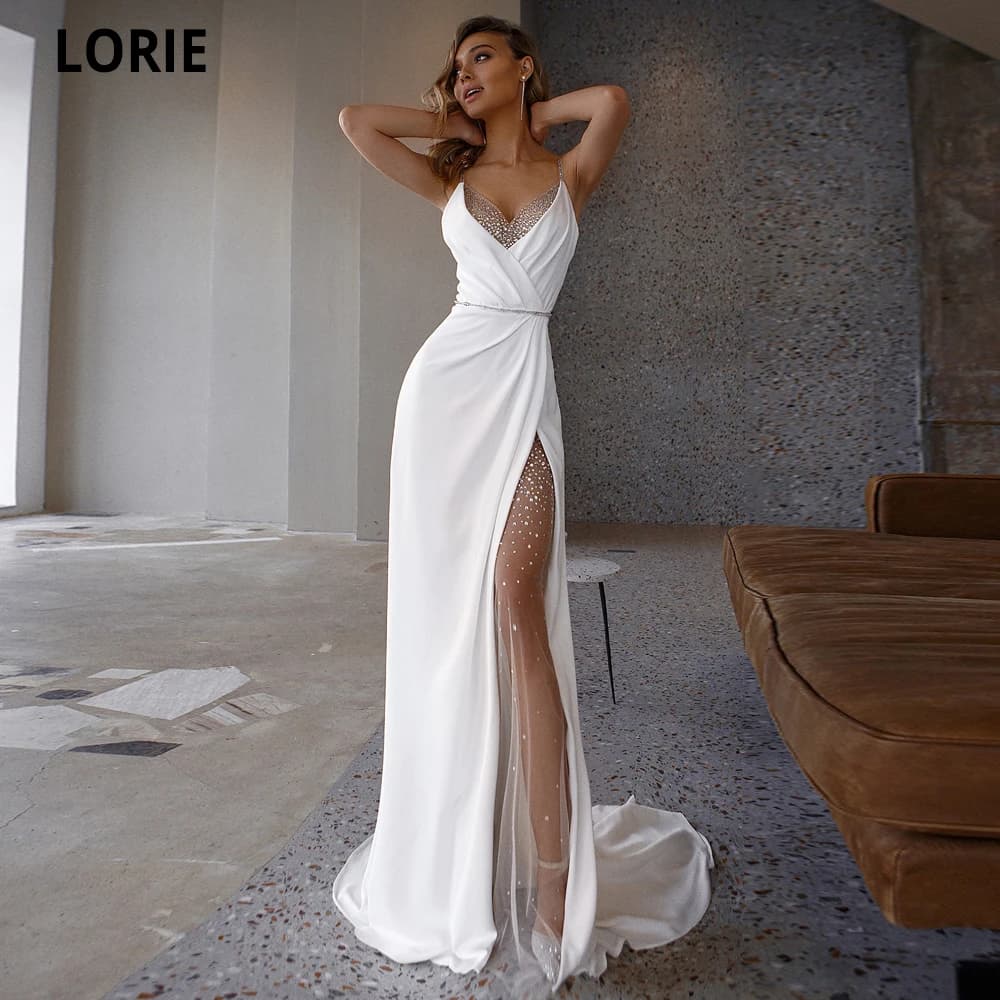 LORIE White Mermaid Wedding Dresses Soft Satin Beach Bridal Gowns V-Neck Spaghetti Straps Luxury Beading Customized Party Gowns