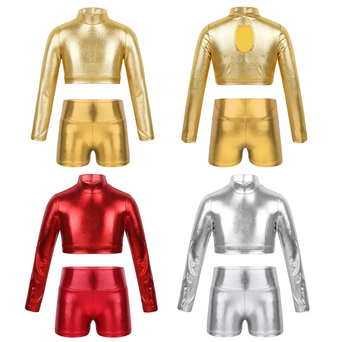 Teens Girls Hiphop Dancewear Long Sleeves Glossy Metallic Tops Crop Top Shorts Kids Gymnastics Outfit Street Jazz Dance Costume
