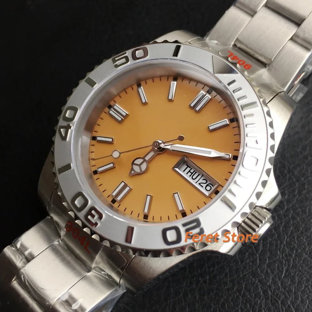 Bliger New 40mm Watch NH36A Sapphire Crystal Date Week Yellow Dial Ceramic Bezel Luminous Stainless Steel Automatic Men's Watch