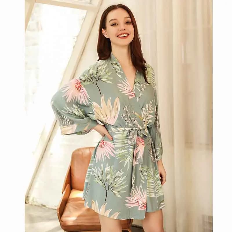 2024 Spring New Ladies Soft Loose Robe Simple Style Floral Printed Women Elegant Comfort Sexy V-Neck Knee Length Sleep Dress