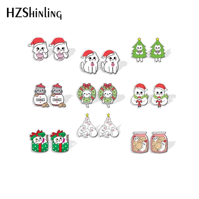2021 New Christmas Cat Santa Stud Earring Cute Acrylic Resin Earrings Epoxy Handmade Jewelry Gifts Girl