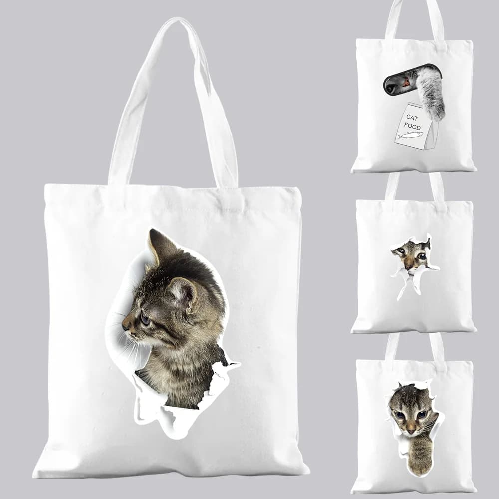 Shopping Bag Woman White Casual Handbag Commuter Cute Cat Pattern Printed Canvas One-shoulder Student Fashion Handbag Reusable