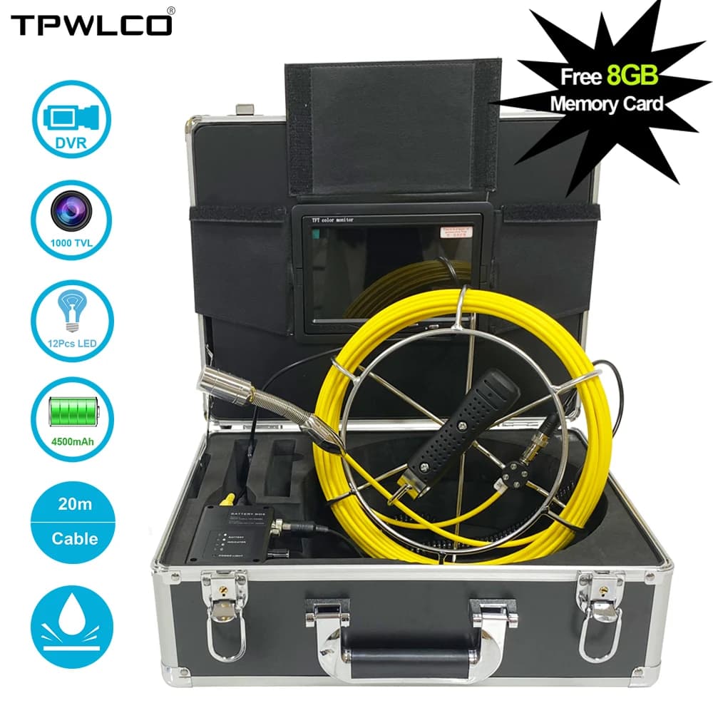 7'' LCD Pipe Inspection Camera 20m Cable Waterproof Drain Pipeline Sewer Industrial Endoscope System Support Video Recorder 23mm