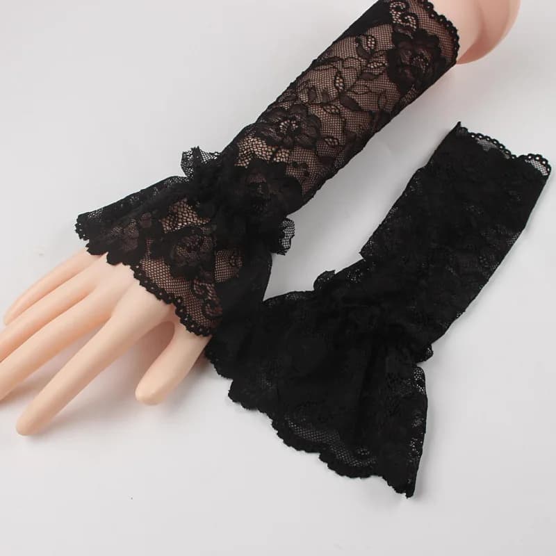Women Lady Elastic Sleeve Driving Gloves Covered Arm Sleeves Organ Pleated Lace Hollow Hook Gloves Long Short Fingerless Gloves