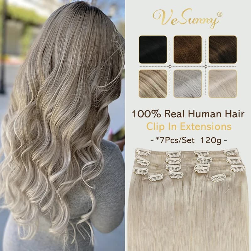 VeSunny Clip in Hair Extensions Human Hair Double Weft Machine Made Remy Wigs 7pcs Clip on Extensions Dark Brown Blonde 100gr