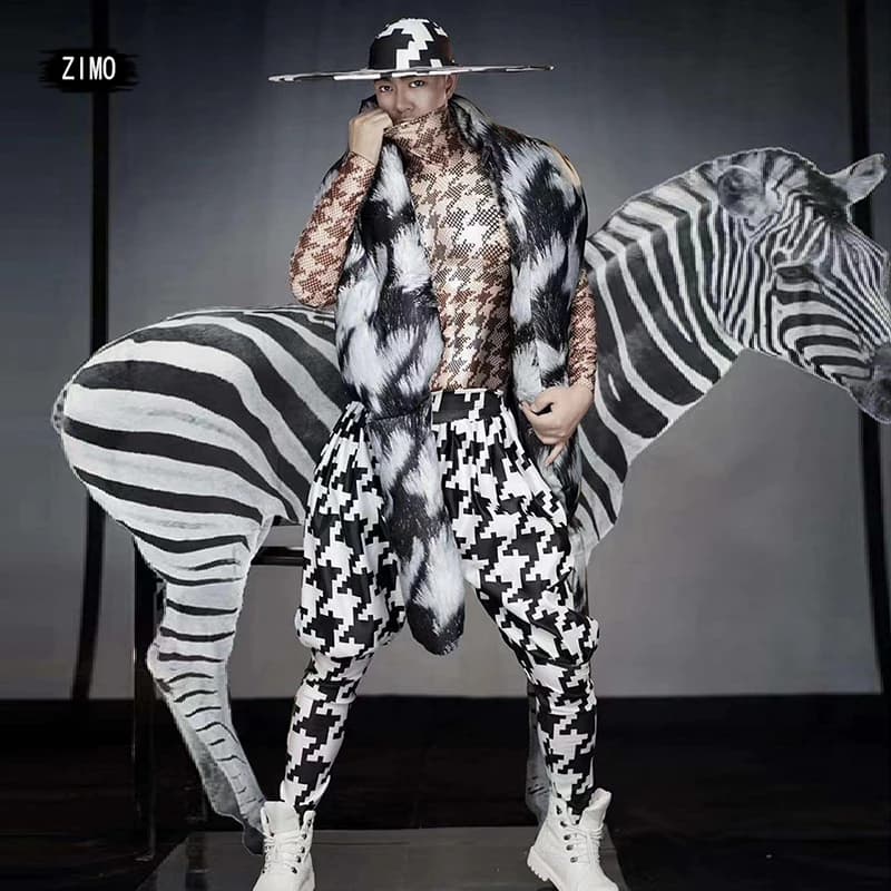fashion set 4 piece Modern Festival Party club Opening Pole Jazz Disco Dance man Singer Zebra Stripe Print Stage Performace Wear