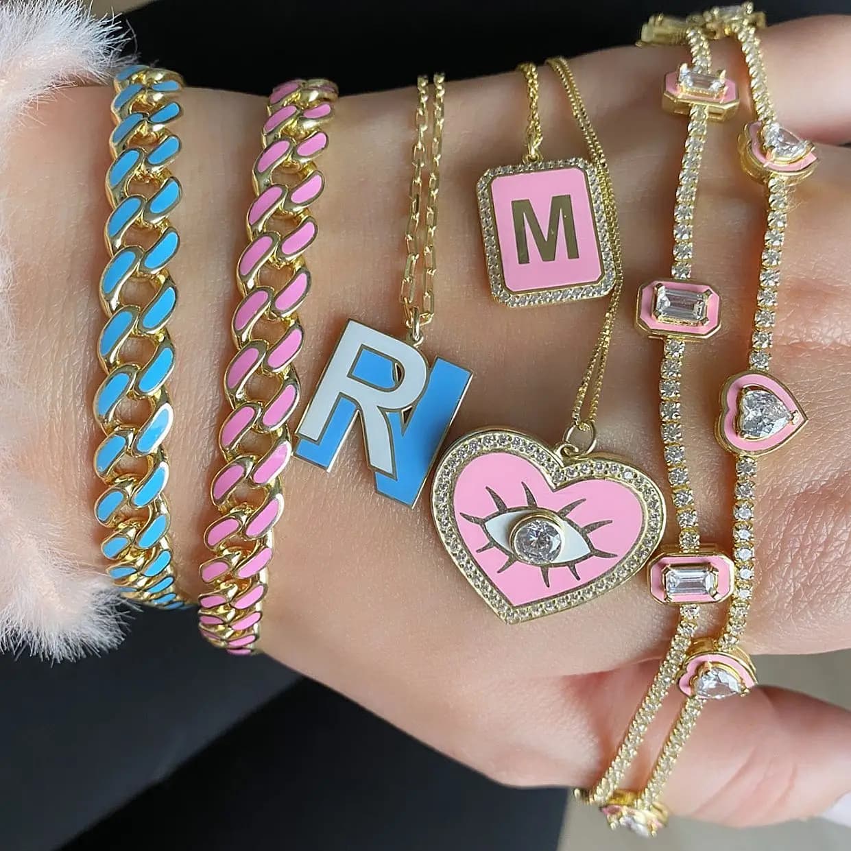 Pastel Pink White Red Enamel Geometric Rectangle Charm Tennis Chain 15+4cm Fashion CZ Bracelet