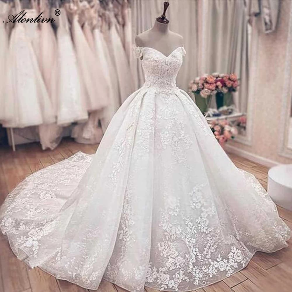 Alonlivn Gorgeous Sweetheart Neckline Ball Gown Wedding Dress With Chapel Train Off The Shoulder