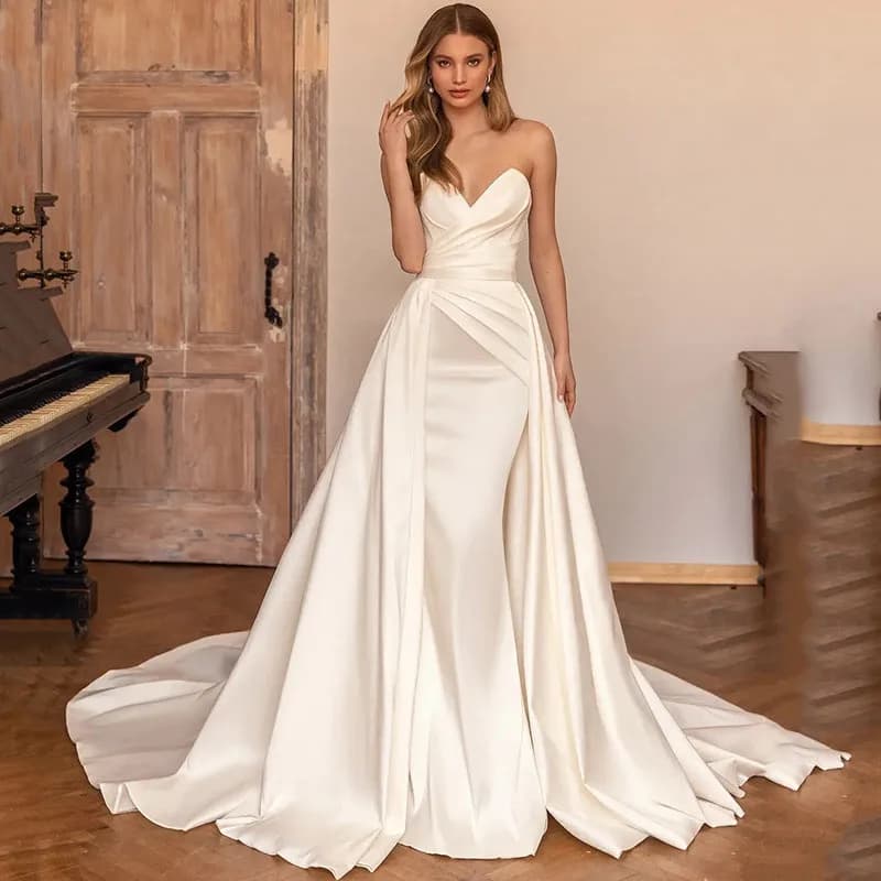 Elegant Ivory Detachable Train Wedding Dresses Mermaid Satin Church Bride Dress Customized Wedding Gowns Vestido de Noiva Sereia