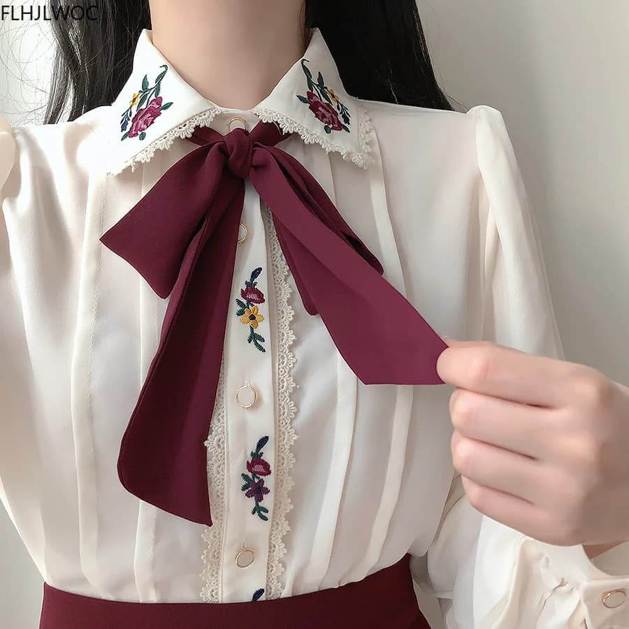 Retro Vintage Embroidery Bow Tie Tops Autumn Basic Wear Elegant Formal Single Breasted Button Solid White Shirts