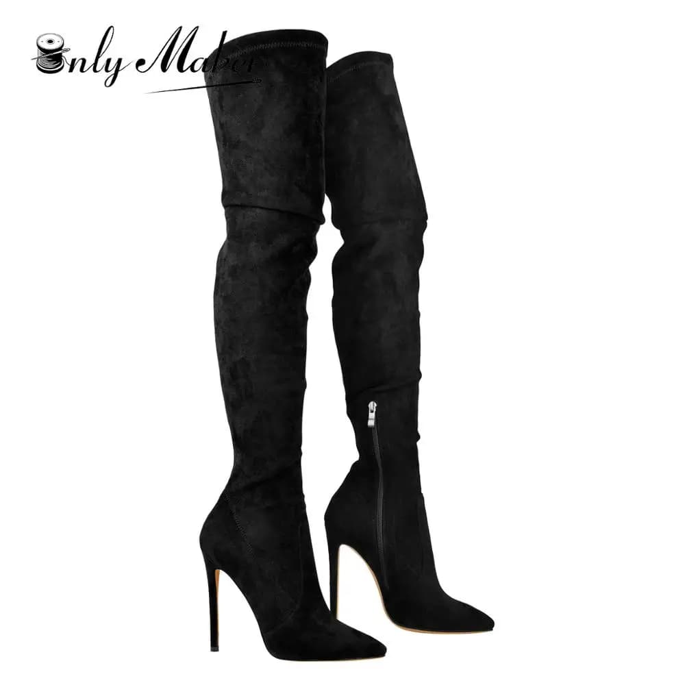 Onlymaker Womens Stretch Thigh High Socks Booties Pointed Toe High Heel Over the Knee Boots Faux Suede Black Big Size Boots