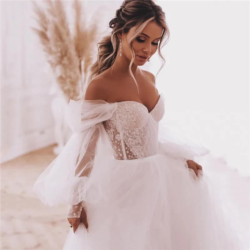 Fairy Boho Wedding Dresses Detachable Long Puff Sleeve Bride Dress Customized Lace Beach Wedding Gowns Plus Size Corset Back
