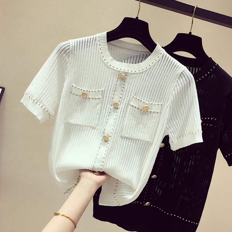 Thin Hollow Out T Shirt Women Button Tshirt Knitted 2024 New Summer Tops Woman Short Sleeve Casual T-Shirt Female Tee Shirt Femm