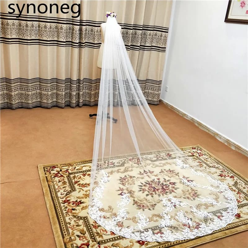 Real Photos Bling Sequins Partial Lace Edge One Layer Cathedral Wedding Veil with Comb Elegant BridalVelo De Novia