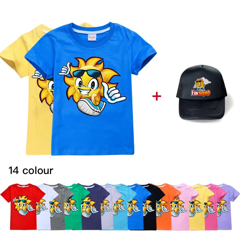 Fun Squad game Kids Tshirt for Girls Boys Cotton T-shirts Short Sleeve Summer Clothes Children Cartoon Tees Tops and Sun Hat