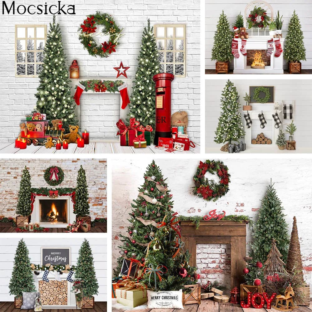 Christmas Fireplace Photography Backdrop Christmas Tree Vintage Rustic White Wall Xmas Photo Background Windows Winter Photocall