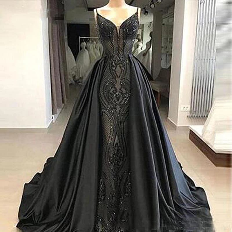 Elegant Black Sequins Evening Dresses Spaghetti Straps V-Neck Long Formal Dress Customized Prom Event Gowns For Women