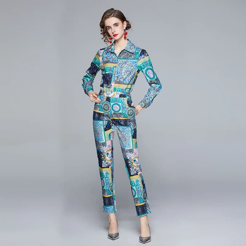 2021 Autumn Fashion Runway Set Women Elegant Long Sleeve Print Blouse + pocket Pants Suit Lady Office Two Piece Outfit