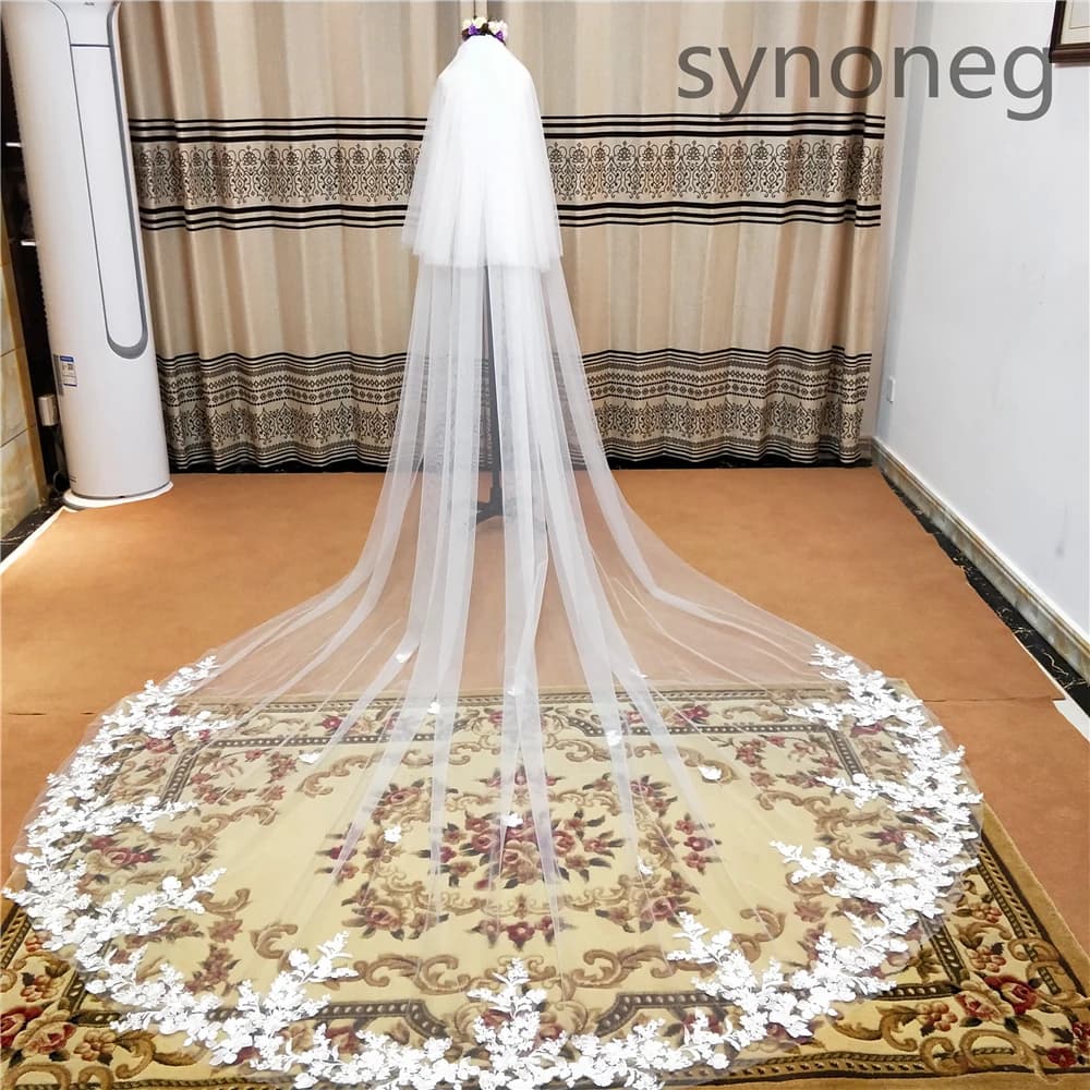 Cover face Real Photo 3m two Layer Wedding Veil With Comb White Lace Edge Bridal Veils Ivory Appliqued Cathedral Wedding Veil