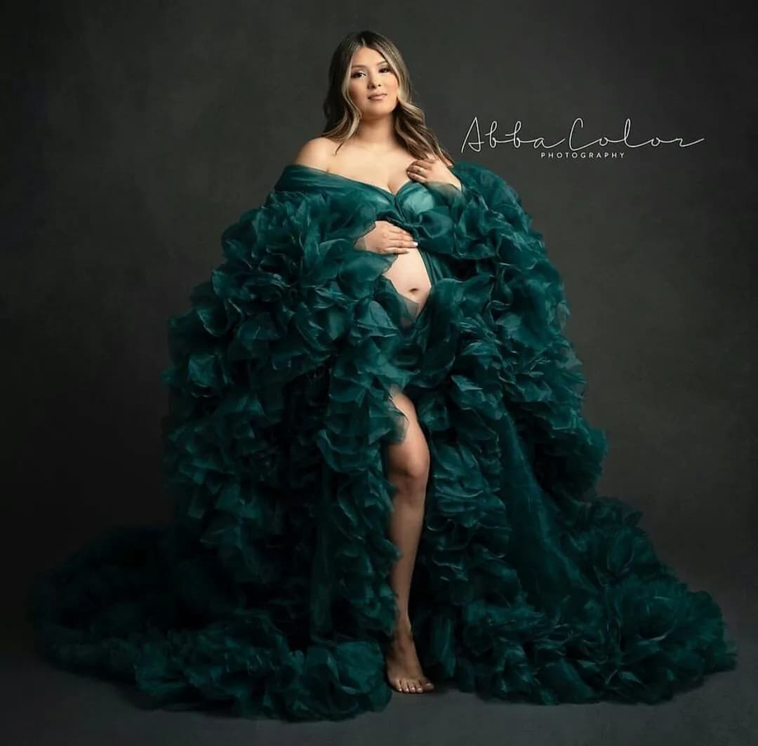 Dark Green Fluffy Sleeves Tulle Maternity Dresses Blue Women Long Ruffle Dresses Photo Shoot Baby Shower Party Prom Dress