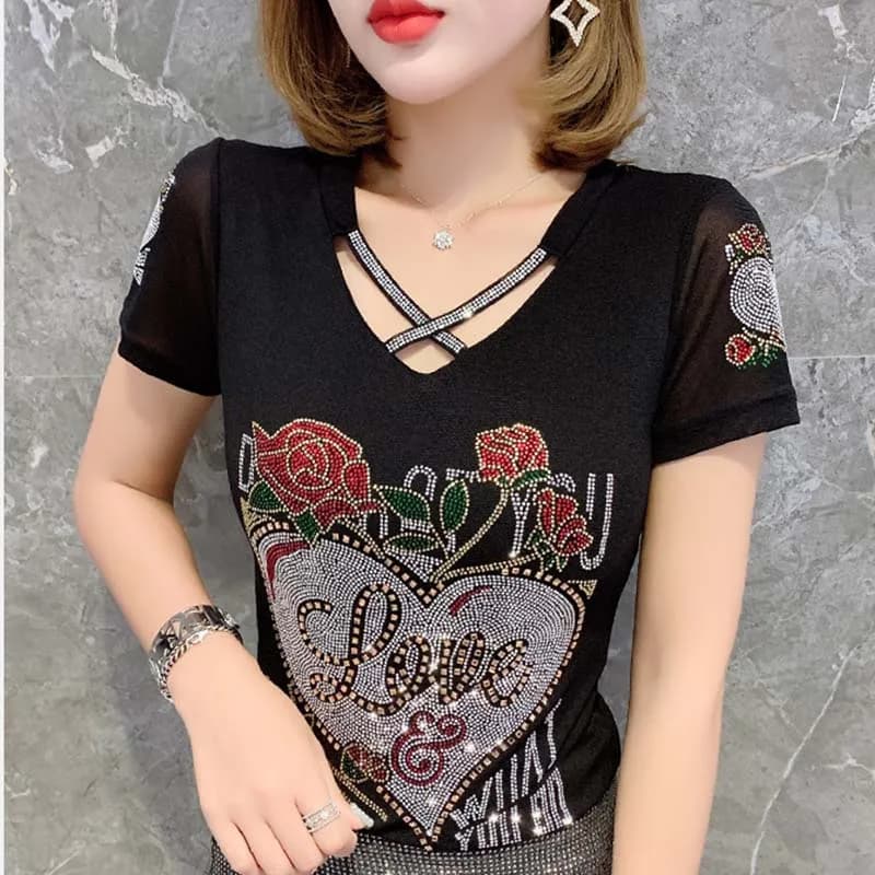 2025 Summer Fashion Korean T-shirt Clothes Sexy Hollow Out Inlaid Diamonds Letter Rose Women Tops Ropa Mujer Patchwork Mesh Tees