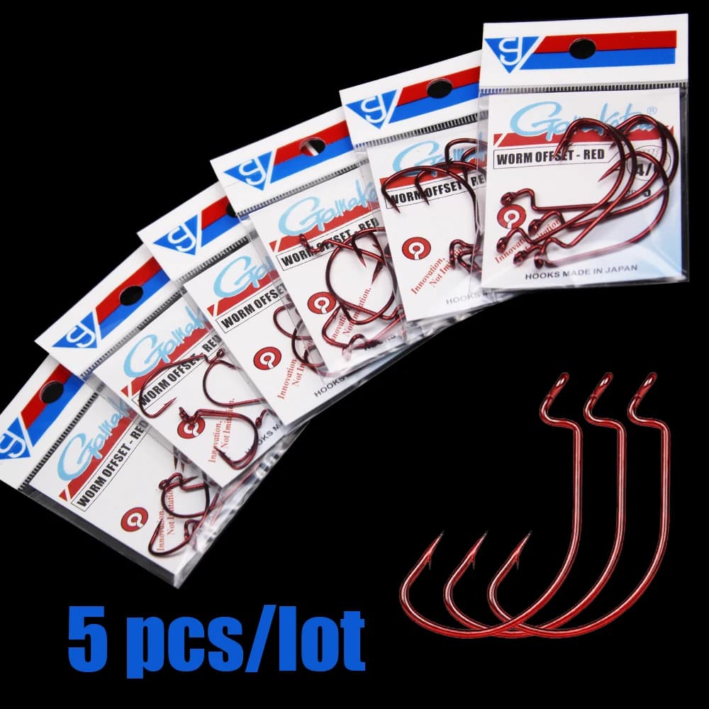 1 pack offset worm hooks  red  eyes rings  5/0#-6#  fishing hooks for carp Tail
