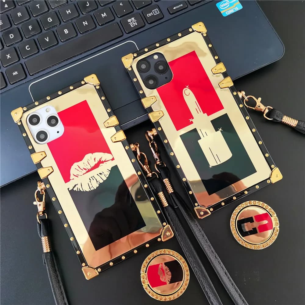 Luxury Lip Case For iPhone 15 PRO MAX 12 13 14 Lipstick Crossbody Lanyard Phone Cover Retro Case for iphone 16 PRO MAX 16 Plus