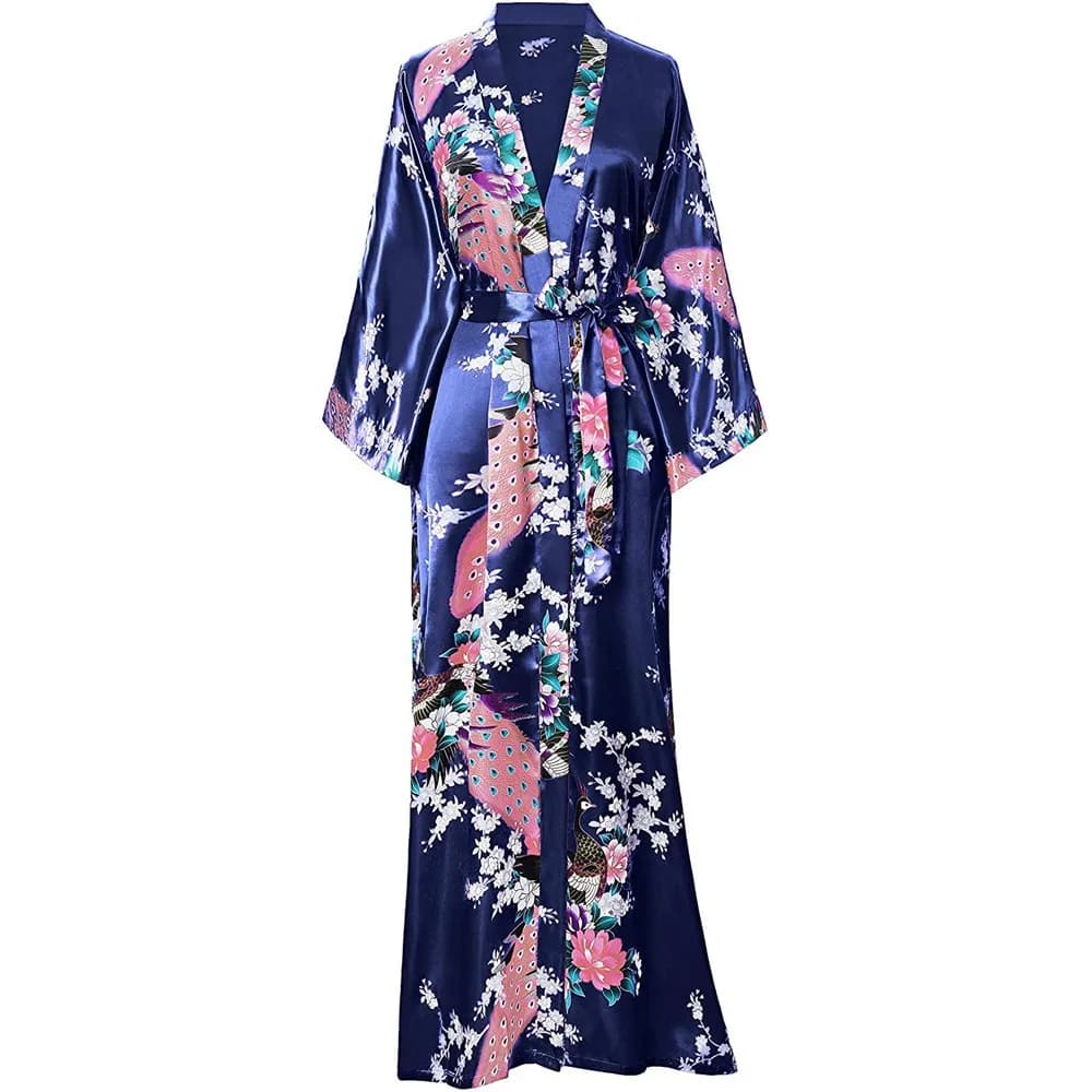 Women Long Robe Big Size Kimono Bathrobe Gown Summer Spring Nightgown Sleepwear Novelty Print Nightwear Silky Satin Home Clothes