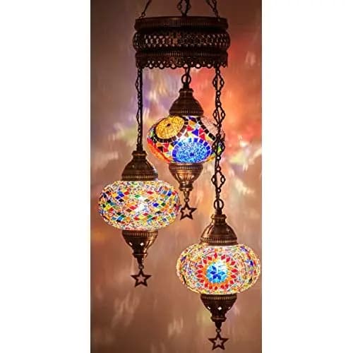 LaModaHome English Moroccan Mosaic Hardwired OR Swag Plug in Chandelier Light Ceiling Hanging Lamp Pendant Fixture (3X6.5 "Glo