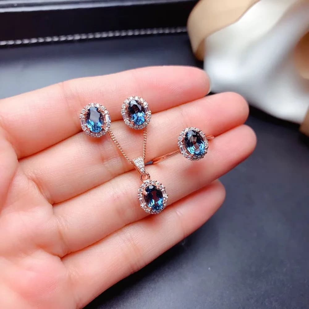 WEAINY Natural London Blue Topaz Ring Necklace Pendant Stud Earrings Three-Piece Set Lady Dark Blue Gem Ring Engagement Ring