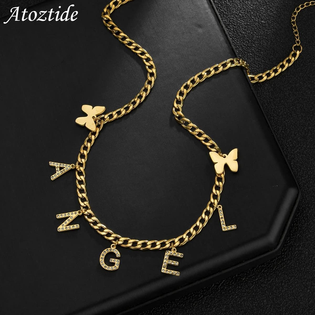 Atoztide Custom Name Butterfly Stainless Steel Necklaces Cubic Zircon Letter Pendant for Women Gold Color Thick NK Chain Jewelry
