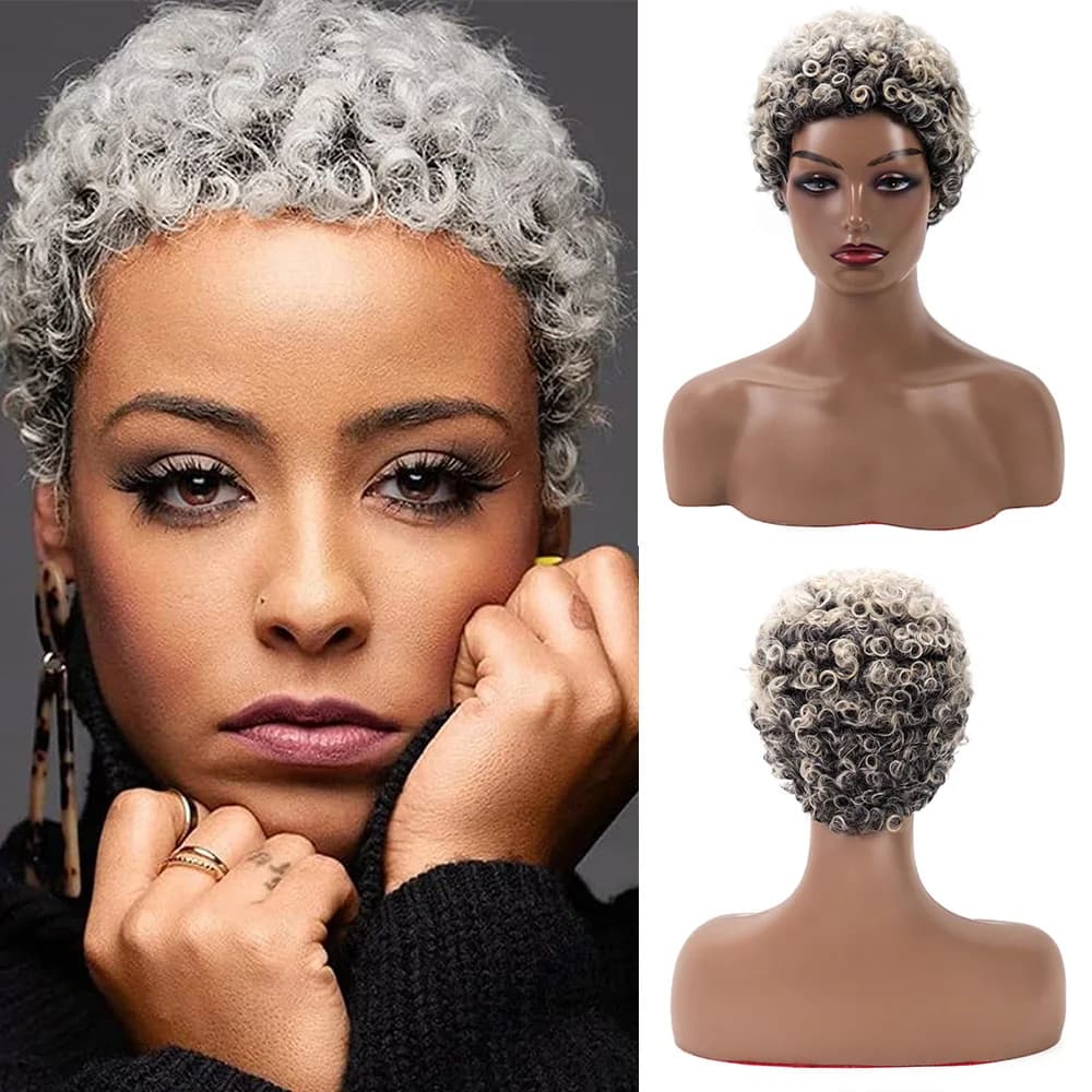 Synthetic Wig Short Afro Curly Ombre Grey Wigs for Women Gray Mixed White Kinky Curly Wig Natural Looking Pixie Cut Cosplay Wig
