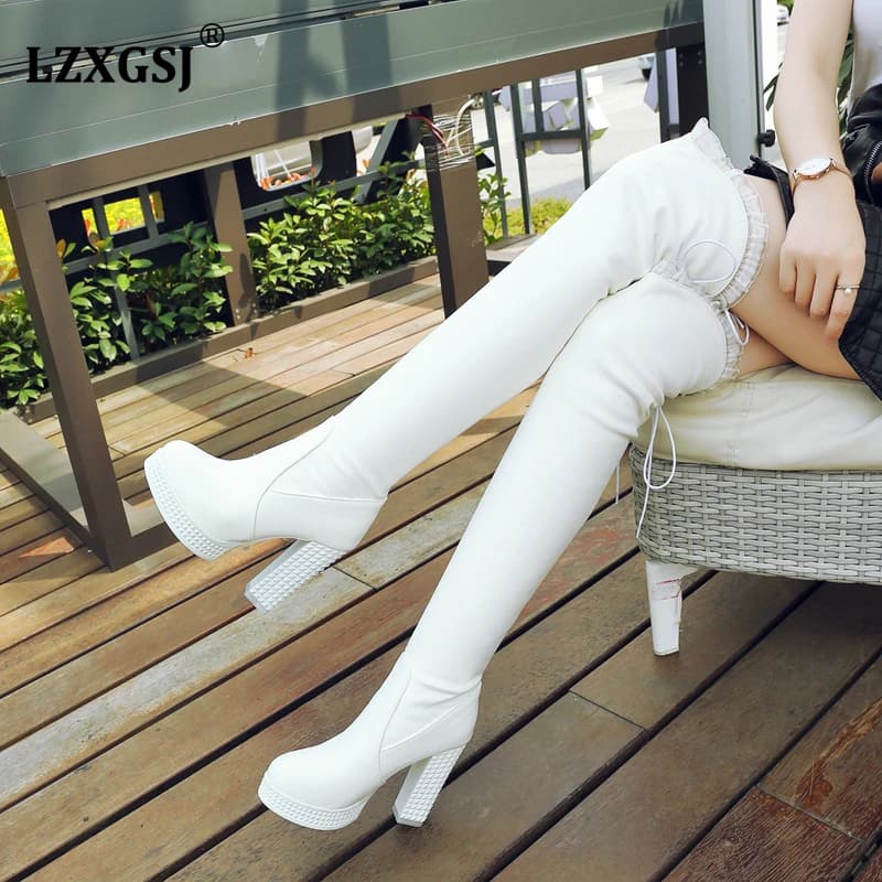 Sweet White Long Boots Female 2021 winter New High Heels Over The Knee Women Boots Lace-up Thigh High Boots Ladies Fashion Shoes