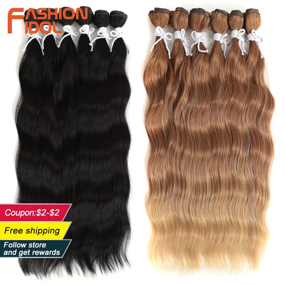 FASHION IDOL Water Wave Hair Bundles Synthetic Hair Extensions Ombre Blonde Hair Weave Bundles 6pcs 20" High Temperature Fiber