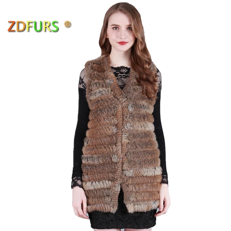 ZDFURS * 2017 New Fashion Real Knitted Rabbit Fur Vest long style Genuine Rabbit Fur sweater Waistcoat Rabbit Fur Gilet