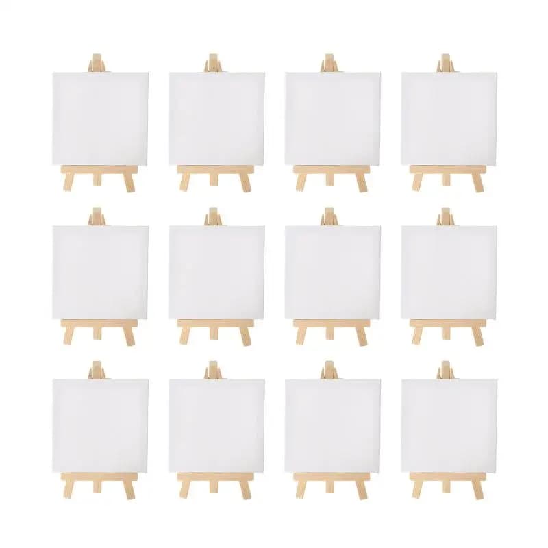12pcs Artists 5 inch Mini Easel +3 inch x3 inch Mini Canvas Set Painting Kids Craft DIY Drawing Small Table Easel for School