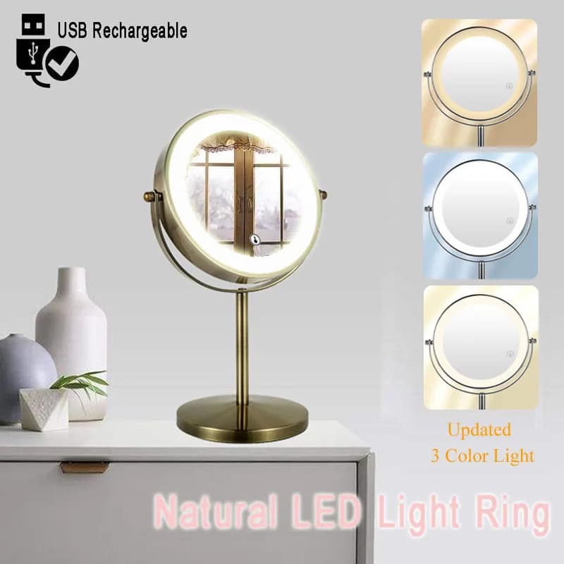 2-Sided Vanity Makeup LED Mirror, 3Colors Light Touch Control Tabletop Cosmetic Mirror, USB Rechargeable, 3X/5X Bronze Color