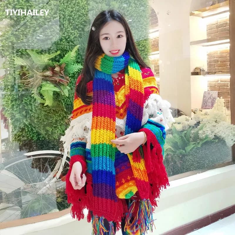 TIYIHAILEY-Long Rainbow Colorful Wool Tassels Scarf, All-Match Scarf, Hand Made, Warm, Winter Fashion, New, 2025 Ladies